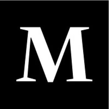 White letter M on black background