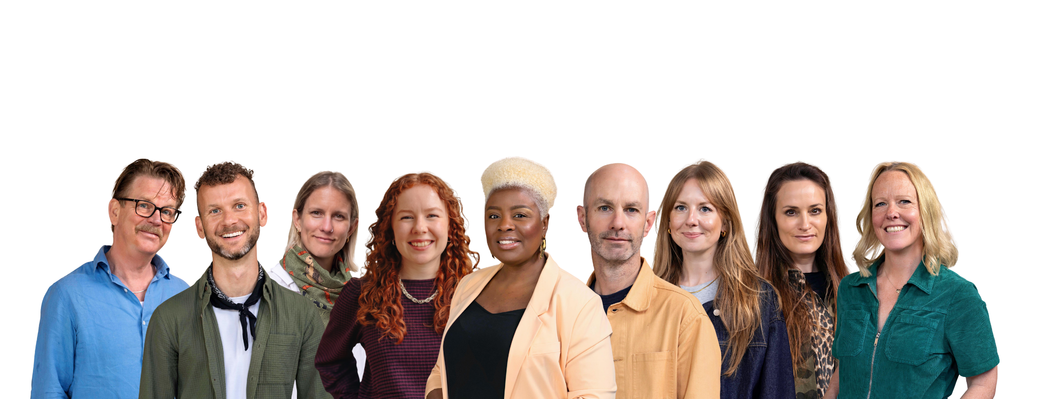A diverse group of ten smiling people standing together against a black background, showcasing various ages, genders, and ethnicities.
