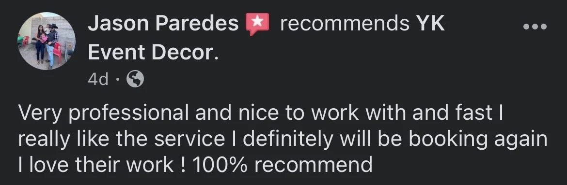 Screenshot of a Facebook review by Jason Paredes recommending YK Event Decor, mentioning professionalism and quality of service.