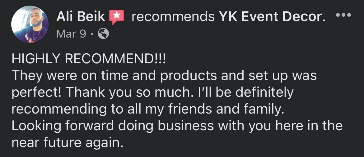Screenshot of a Facebook recommendation post by Ali Beik for YK Event Decor, praising their punctuality and quality of setup, and expressing intent to recommend them to others.