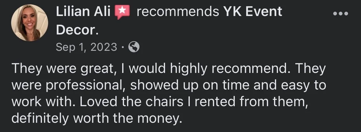 Social media post with profile picture of a woman and text recommending YK Event Decor, praising their professionalism, punctuality, and quality of rented chairs.