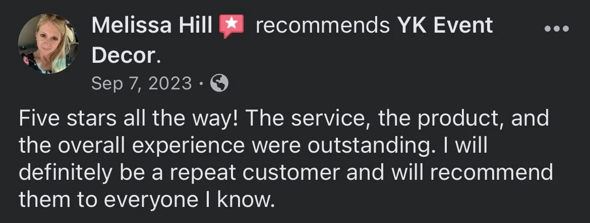 Screenshot of a Facebook review from Melissa Hill praising YK Event Decor, dated September 7, 2023, with a profile picture of a woman with blonde hair.