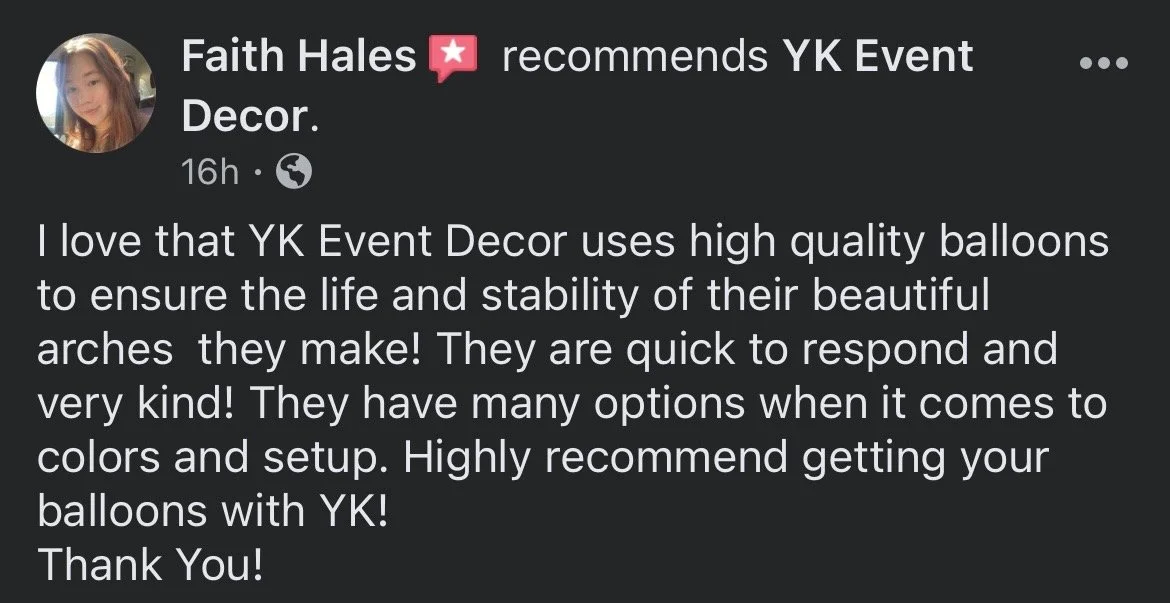 Customer review praising YK Event Decor for high-quality balloons used in event arches.