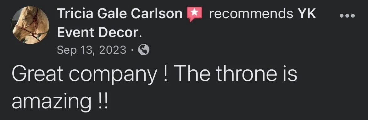 Screenshot of a social media post by Tricia Gale Carlson recommending YK Event Decor, dated September 13, 2023, with a profile picture of a horse.