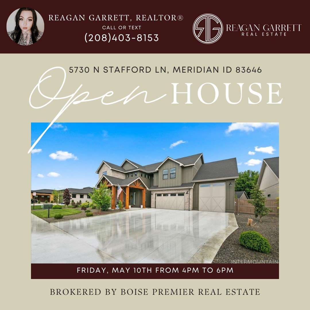 🚨OPEN HOUSE 🏡
📍5730 N Stafford Ln, Meridian ID 83646
🗓️ Friday, May 10th from 4PM to 6PM

Come stop in to see a gorgeous, luxury Meridian home this Friday evening while you're out looking at parade homes! This stunning property is decked out with