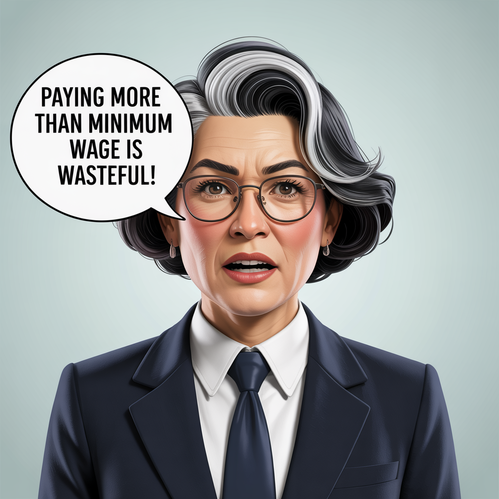A woman in a suit saying "paying more than minimum wage is wasteful."  Image by Ideogram 8/28/2025.
