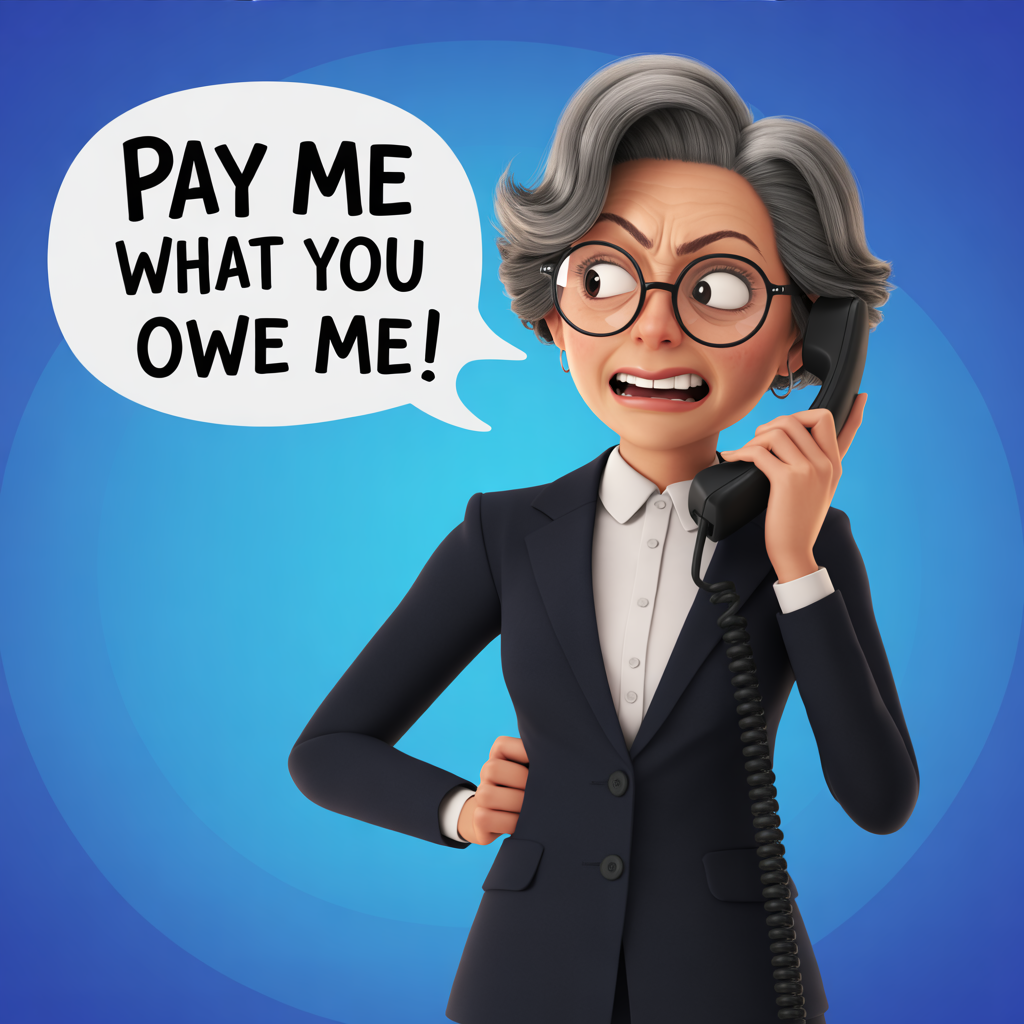 A nonprofit leader yelling, "pay me what you owe me!"  Image by Ideogram 12/18/2925.