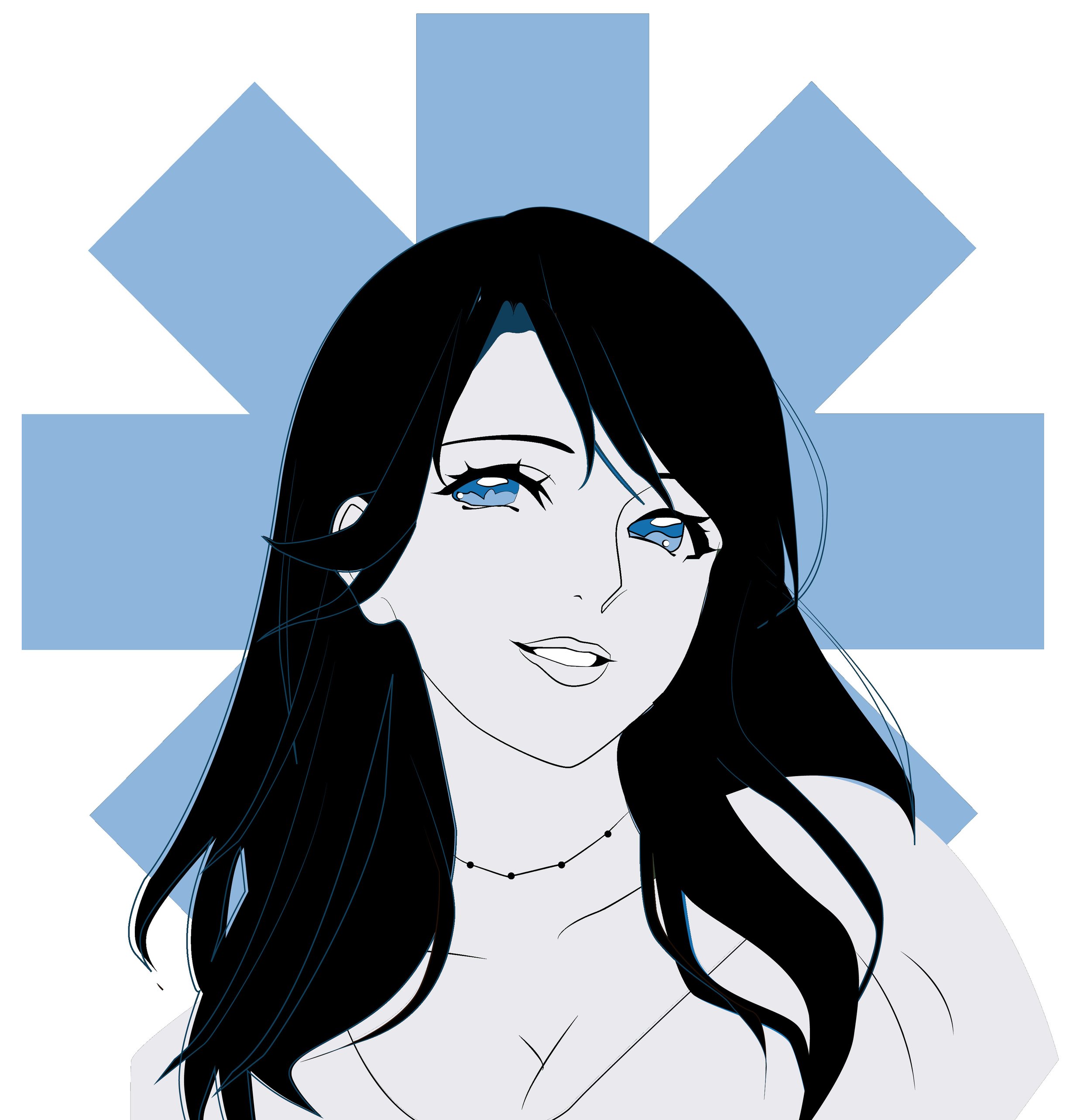 Anime drawing of MacKenzie Scott superimposed on the RHCP symbol.  Drawing by Luana Sibien.