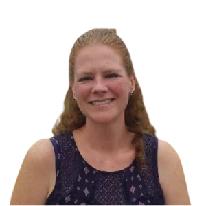 Headshot of a white woman with long red hair in a tank top smiling