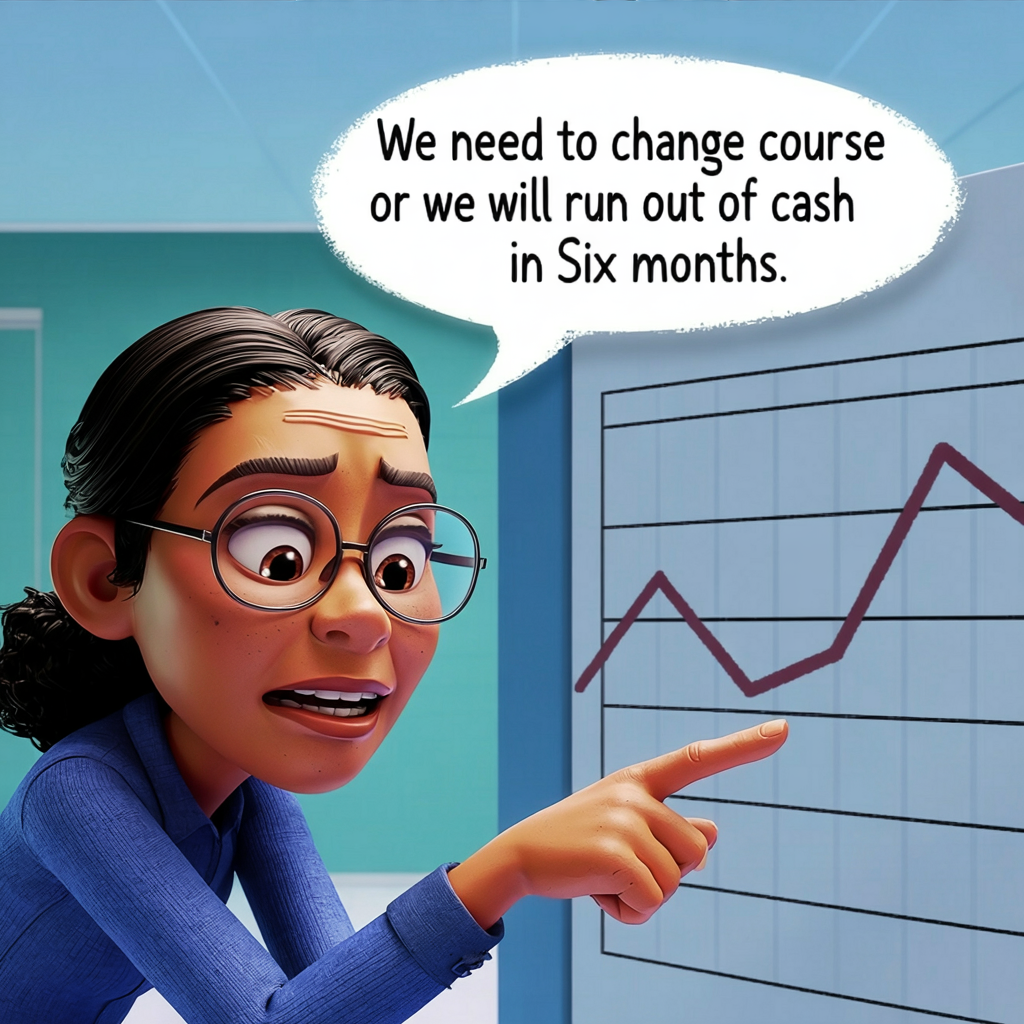 A CFO saying "we need to change course or we will run out of cash in six months."  Image by Ideogram 12/19/1025.
