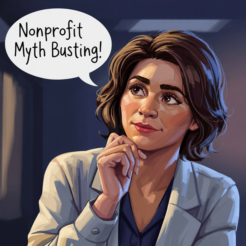A woman saying "Nonprofit Myth Busting!"  Image by Ideogram 1/14/2026.