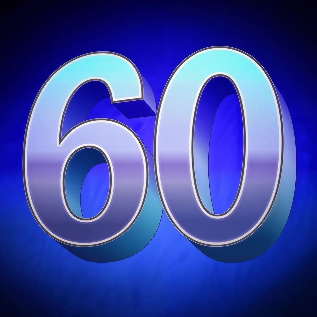 Illuminated number 60 against a blue background.