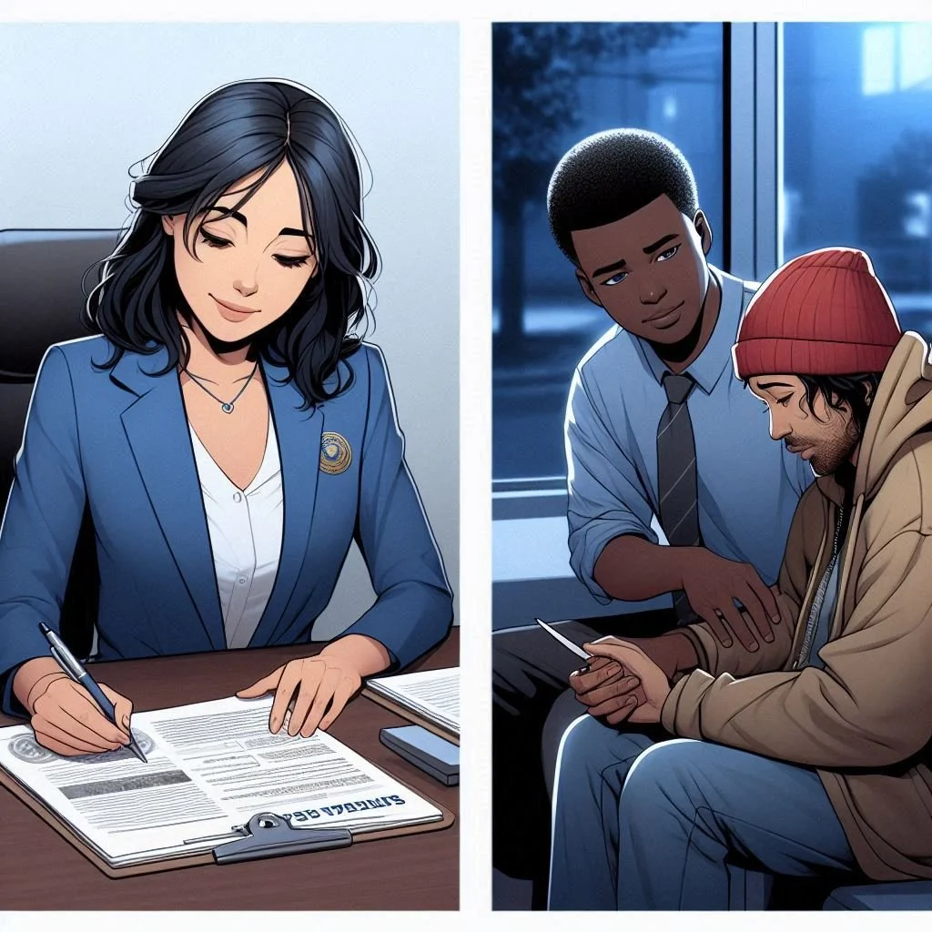 Two images.  One is a Latina leader doing paperwork.  The other is a black leader comforting a homeless person.  Image by Bing Copilot Designer.
