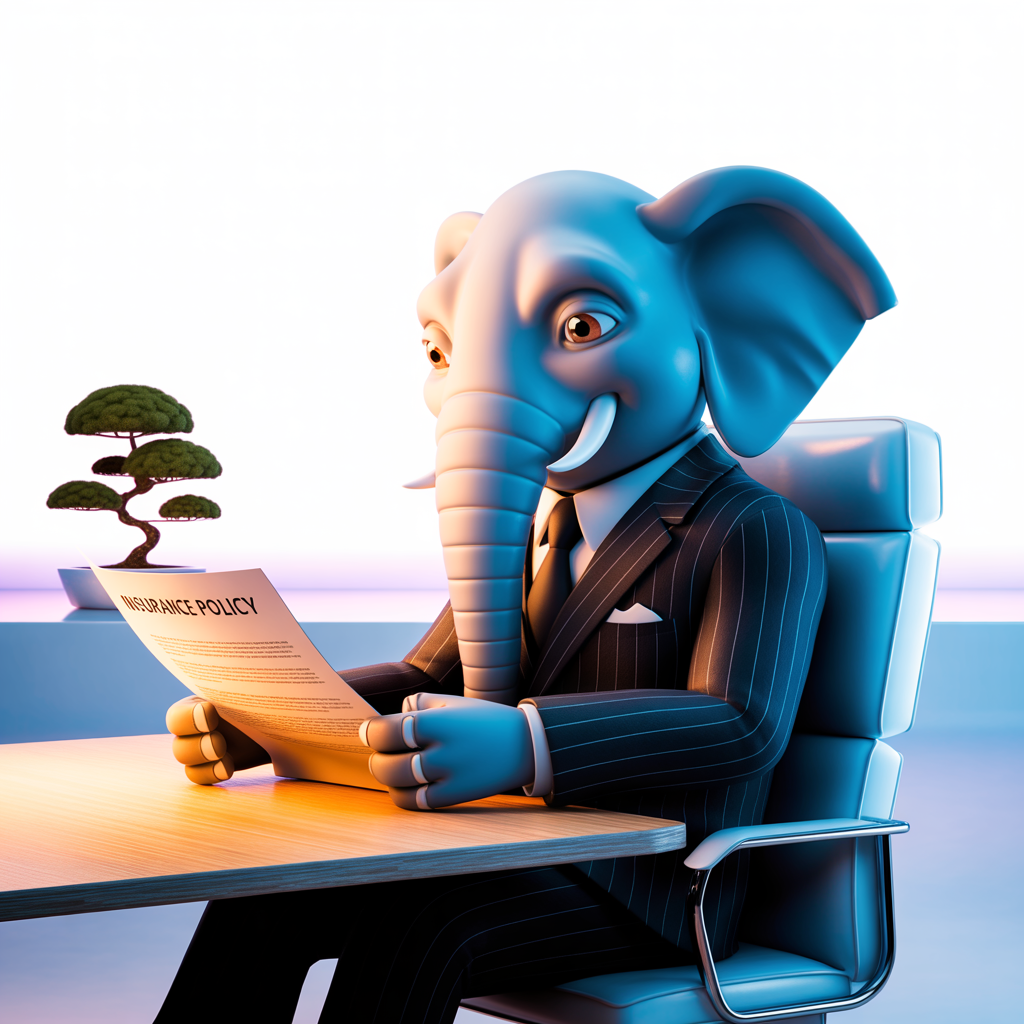 Image of an elephant reading an insurance policy.  Image by Ideogram 7/1/2025.