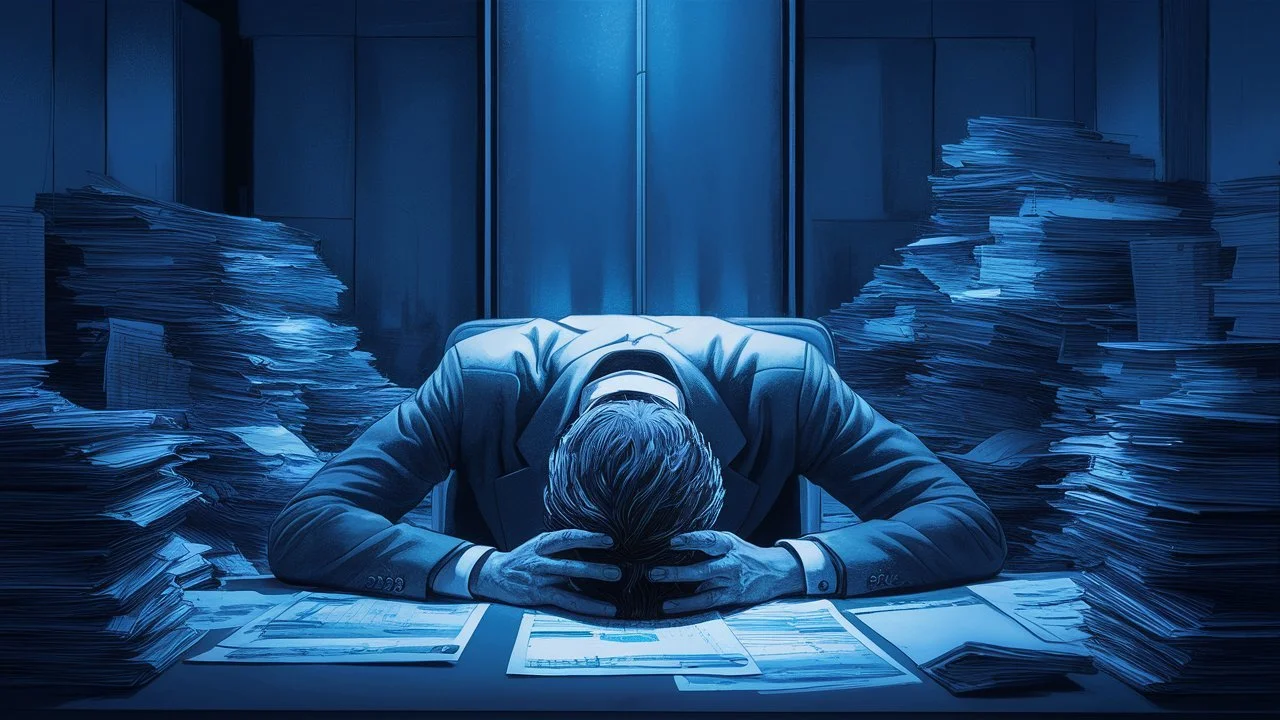 an exhausted auditor with his head down in his hands, on top of papers, with papers stacked around him.
