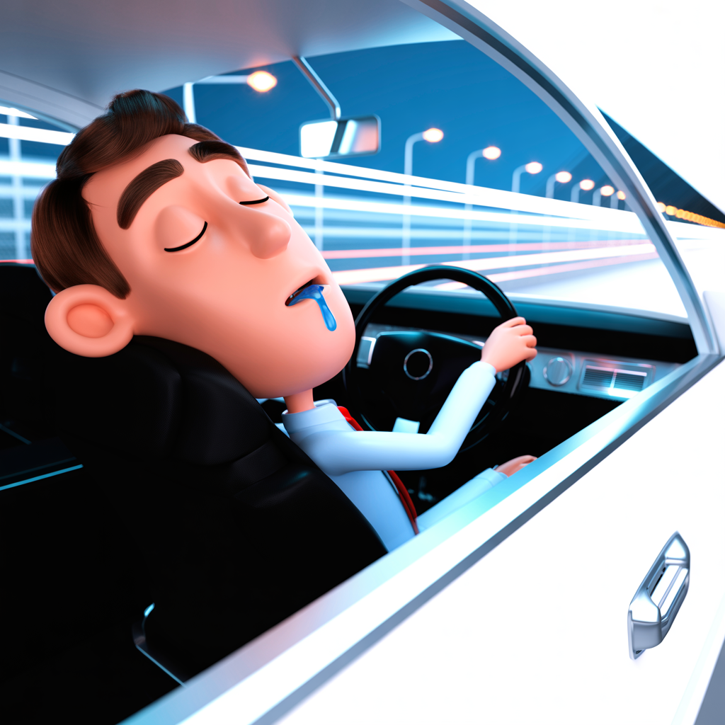 Image of a guy sleeping while driving.  Image by Ideogram 7/1/2025.