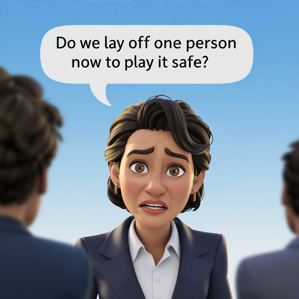 A Latina nonprofit leader asking "do we lay off one person now to play it safe?"  Image by Ideogram 12/19/2025.