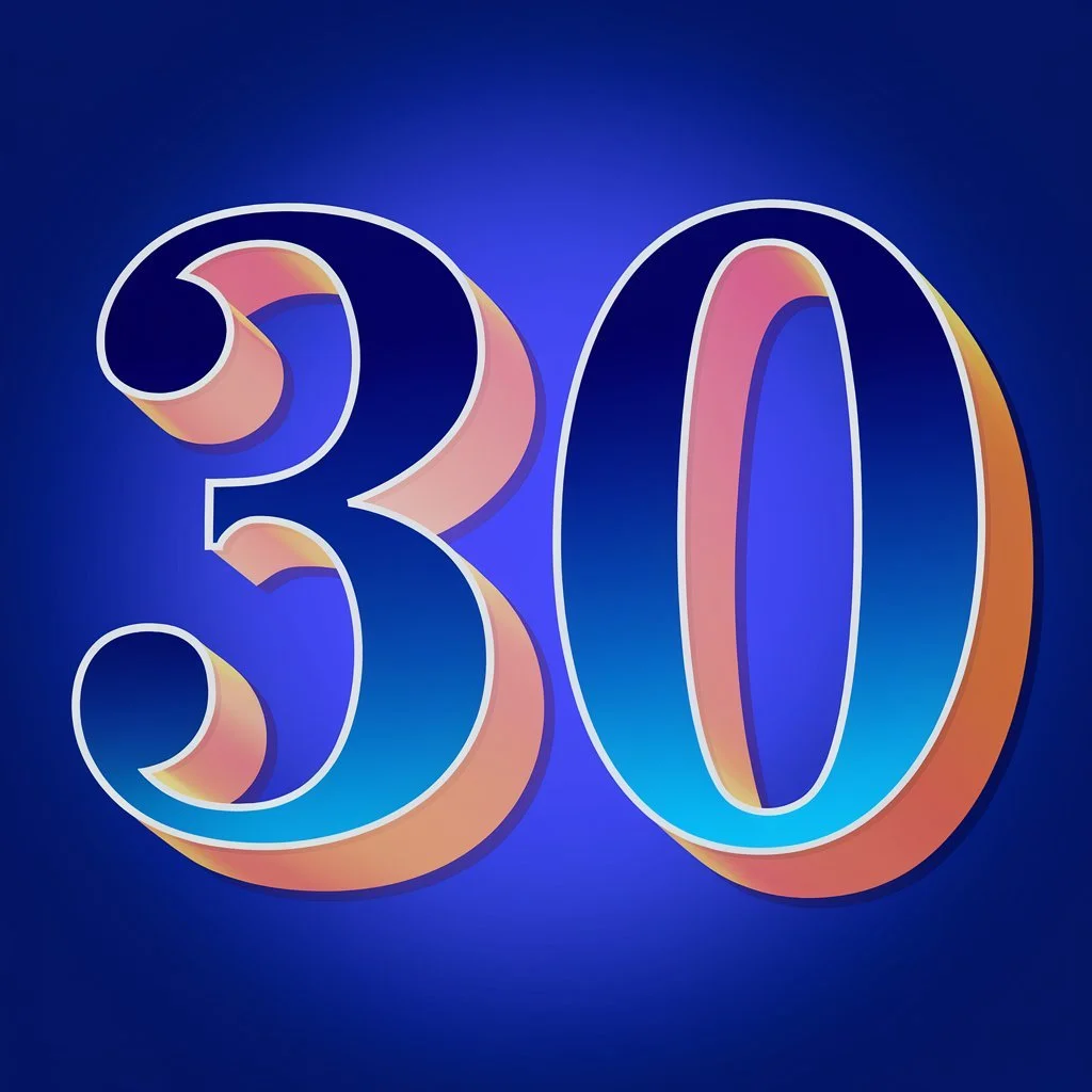 Colorful number 30 with a gradient and shadow effect on a dark blue background.