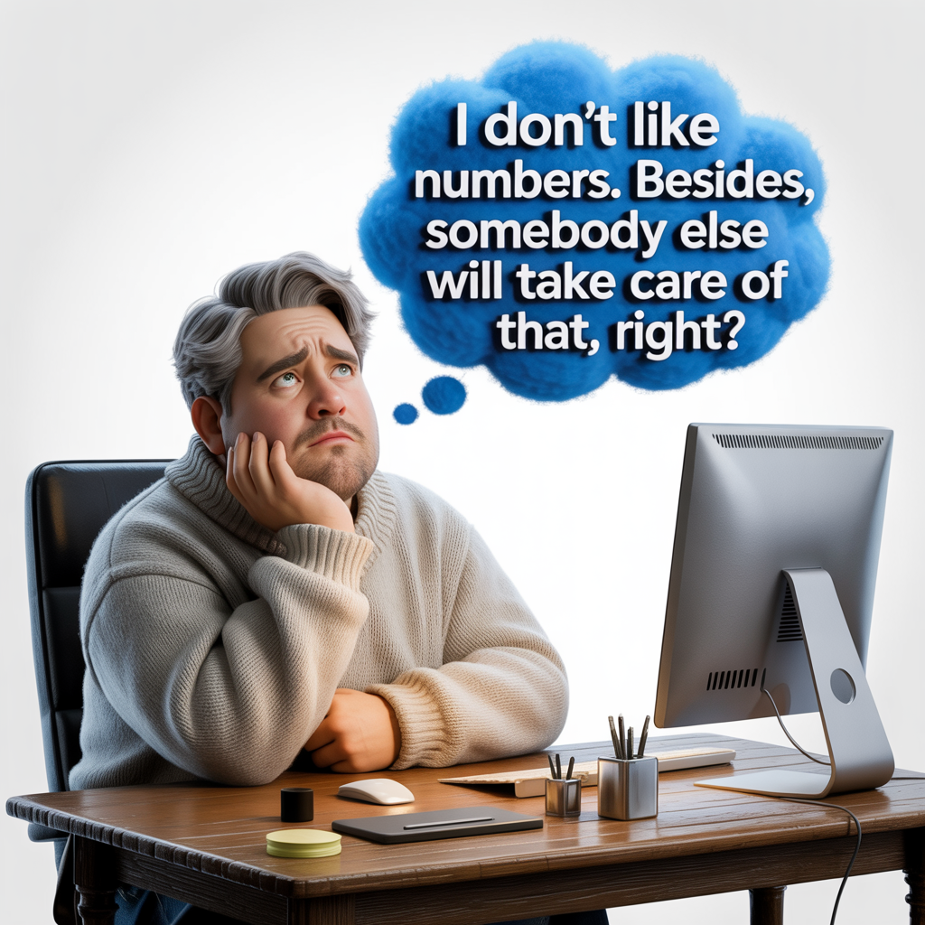 A man thinking "I don't like numbers.  Besides, somebody else will take care of that, right?"  Image by Ideogram 8/29/2025.