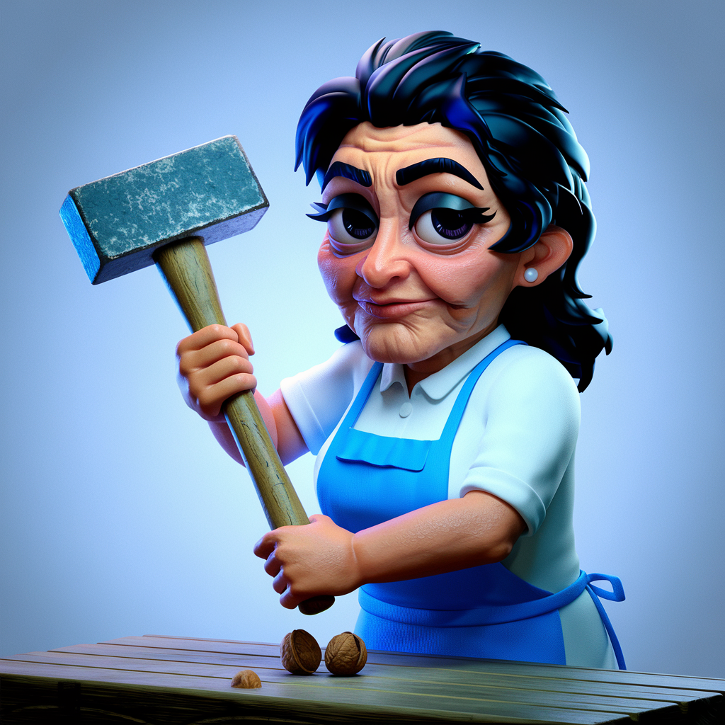 A middle aged woman using a sledgehammer to crack a walnut.  Image by Ideogram.