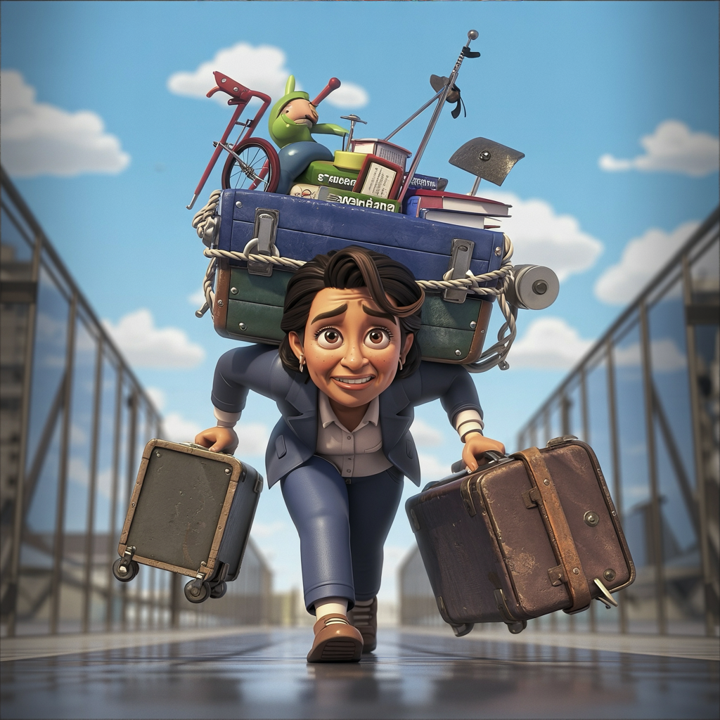 A woman carrying several overloaded suitcases.  Image by Ideogram 9/22/2025.
