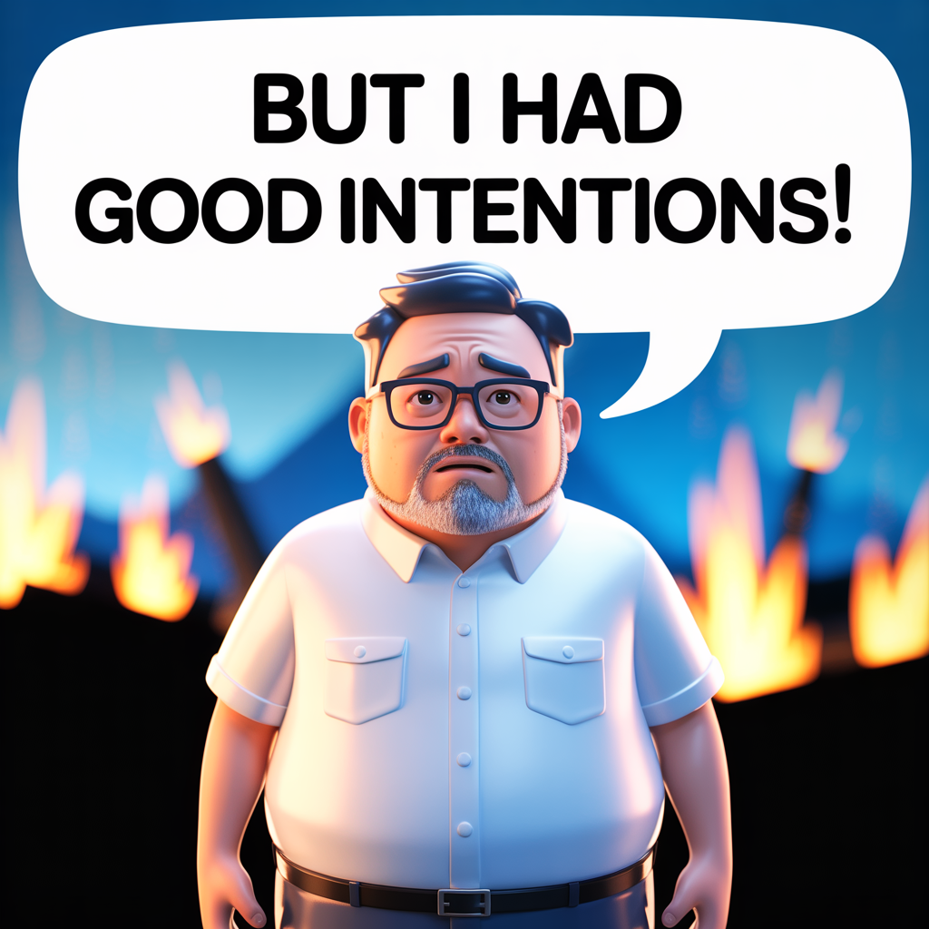 Image of a man saying "but I had good intentions."  Image by Ideogram 7/1/2025.