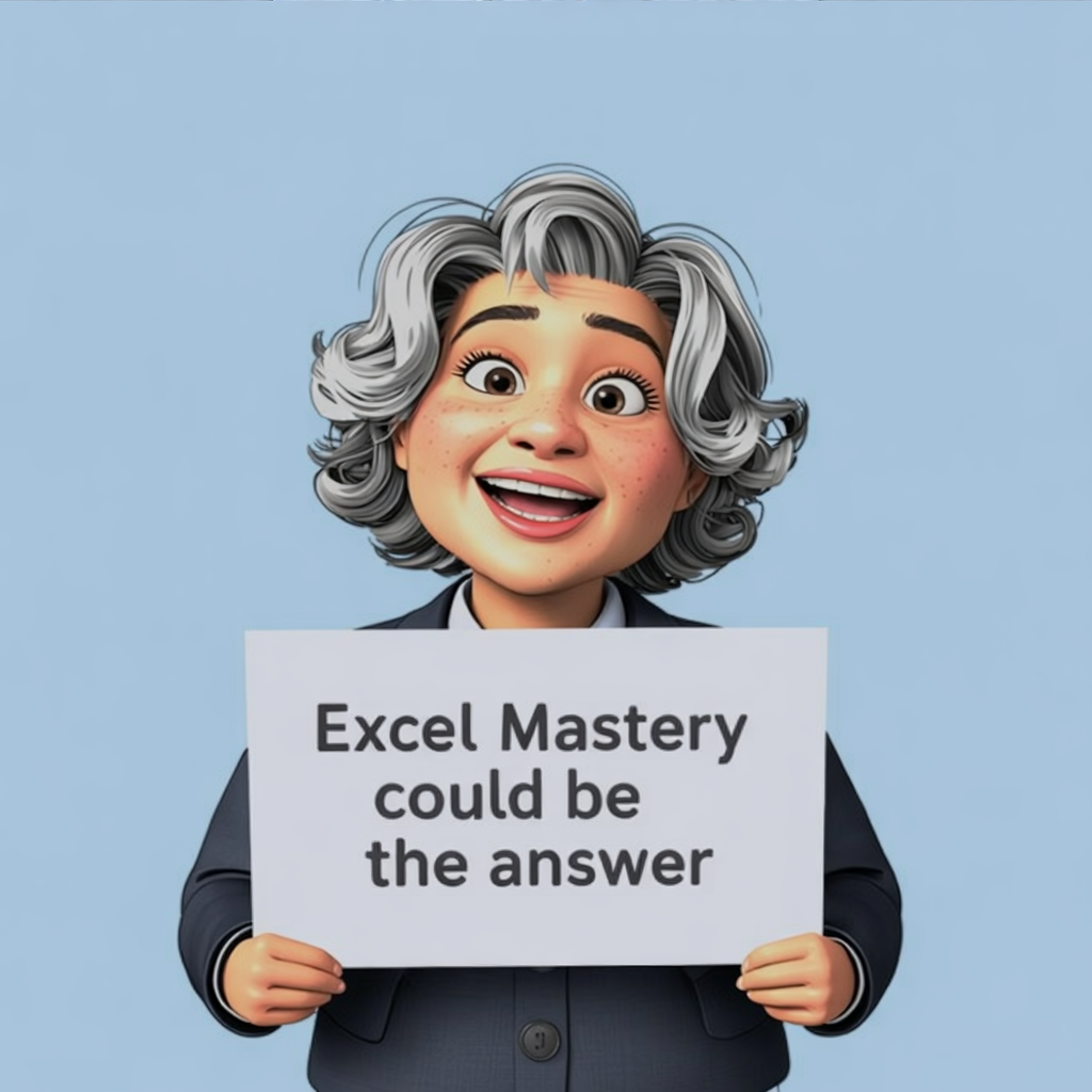 A nonprofit leader holding a sign that says "Excel Mastery Could Be The Answer."  Image by Ideogram 2/19/2026.