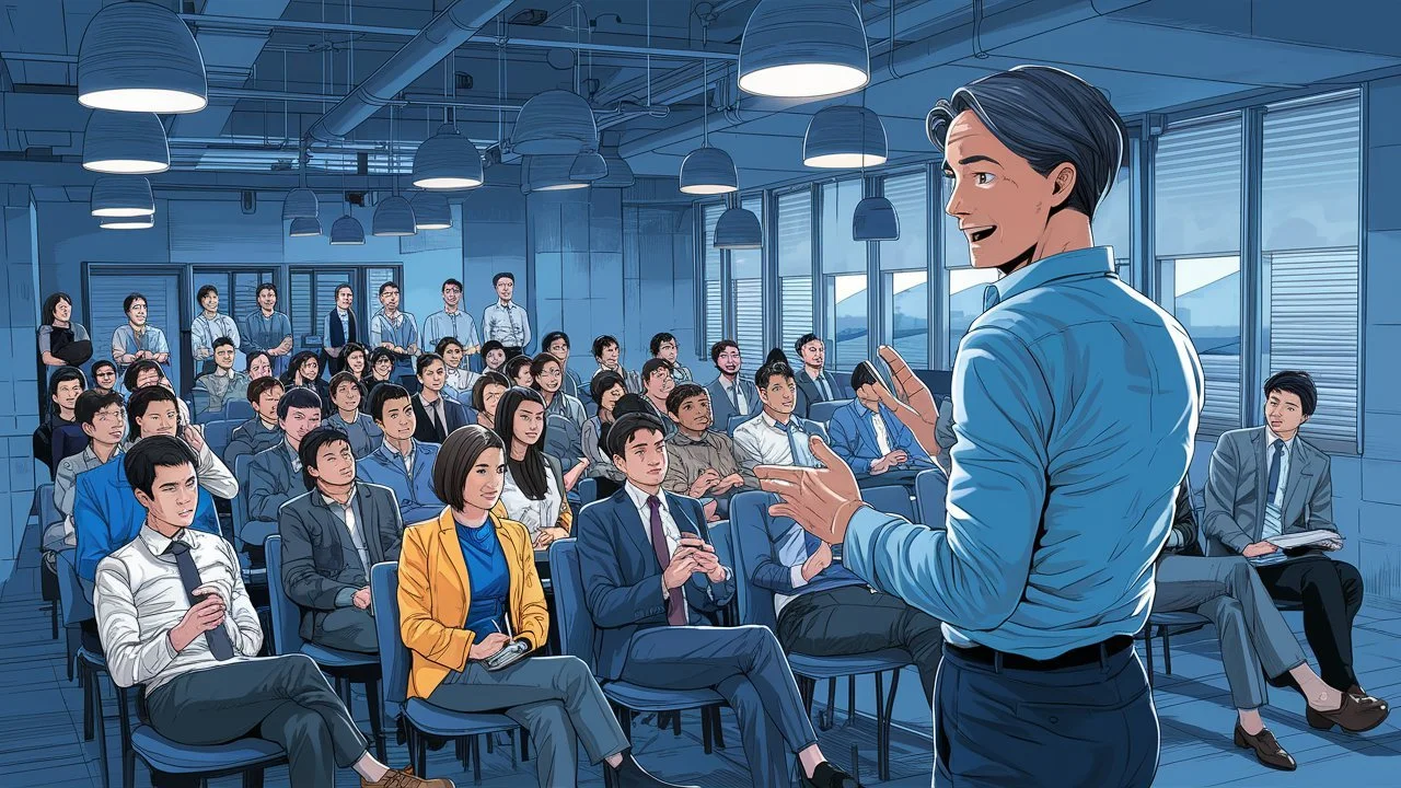 A friendly male presenter training an engaged group of professionals.