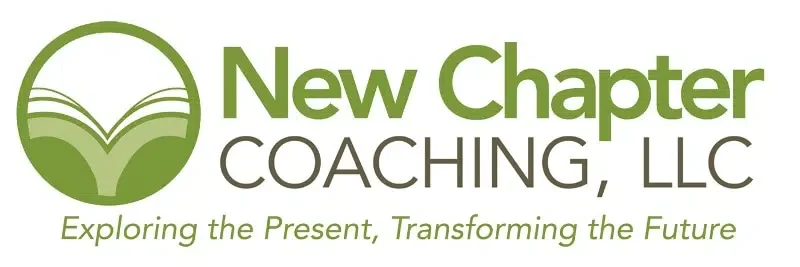 Logo for New Chapter Coaching, LLC with a circular icon of an open book and green hills, featuring the tagline "Exploring the Present, Transforming the Future."