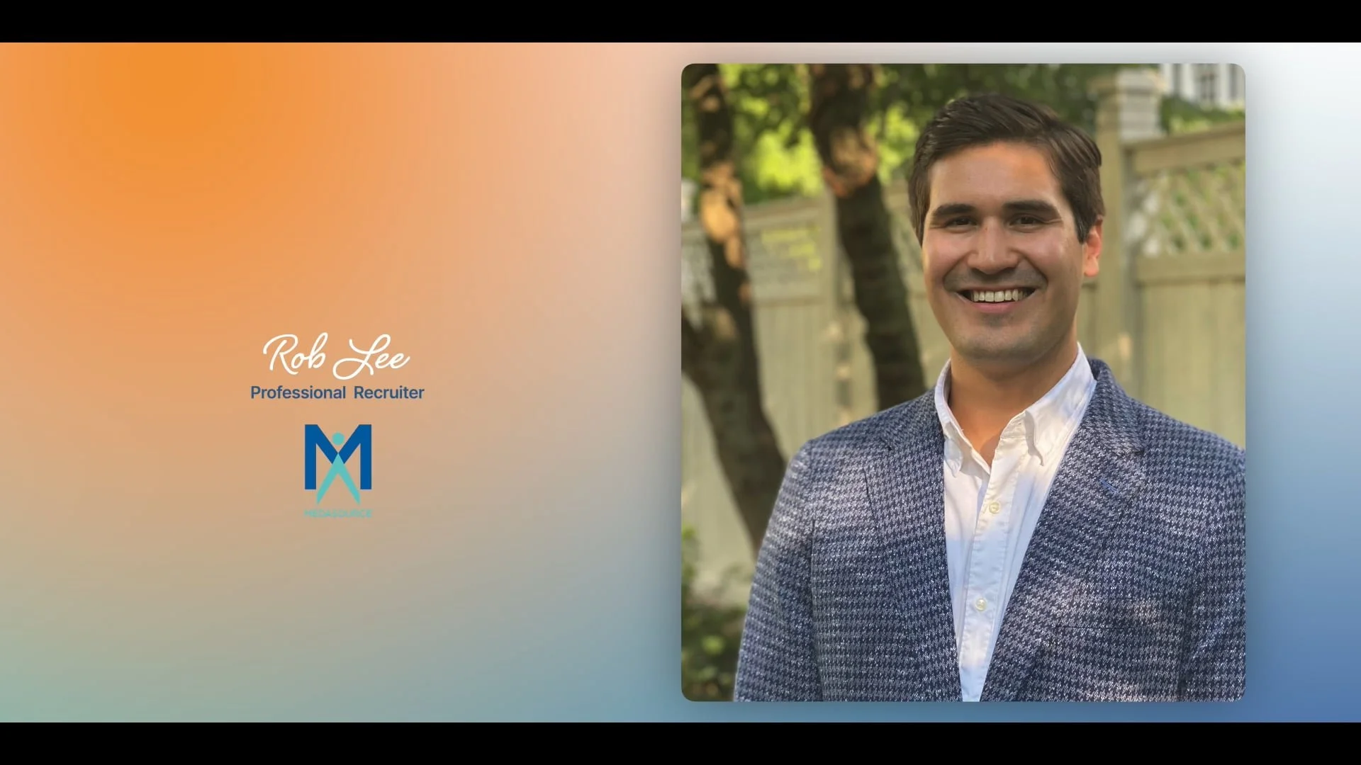 Business card for Rob Lee, a professional recruiter, featuring his photo smiling outdoors, with trees and a fence in the background.