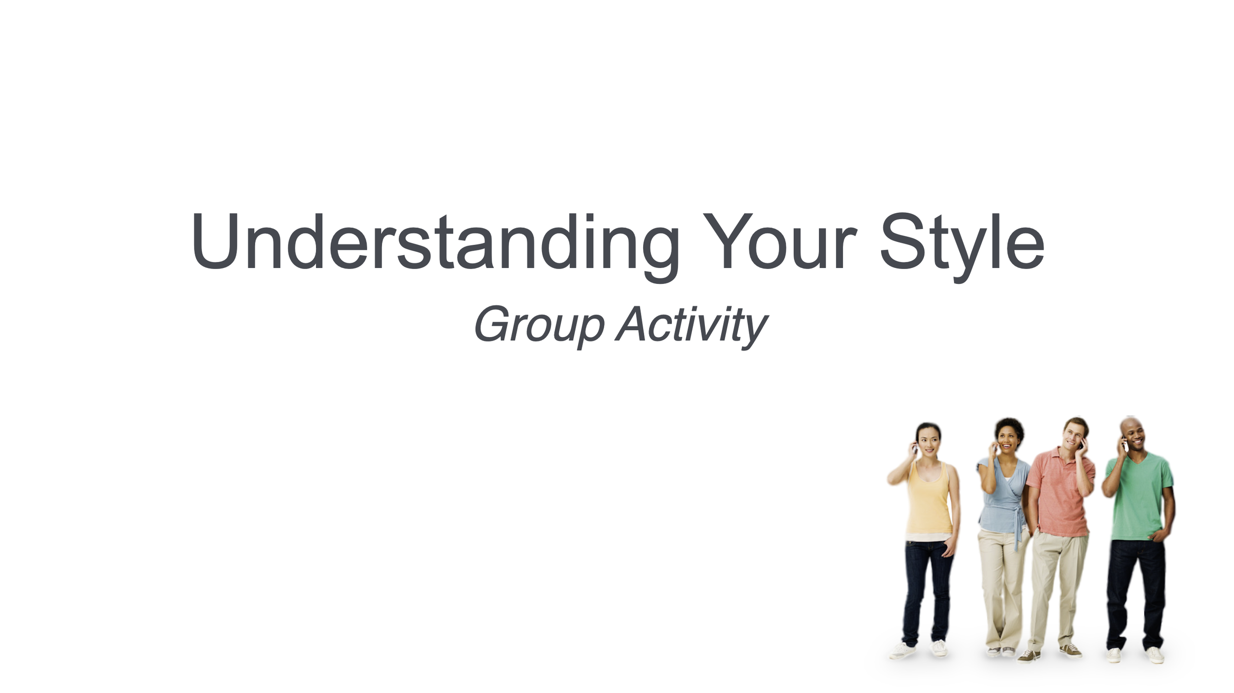 Group of four diverse young adults talking on cell phones, standing together in casual clothing rounded bottom right corner of the image.