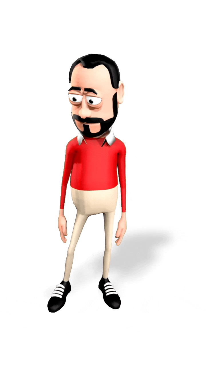 Animated character with a beard, wearing a red sweater, beige pants, and black sneakers, looking down with a contemplative expression.