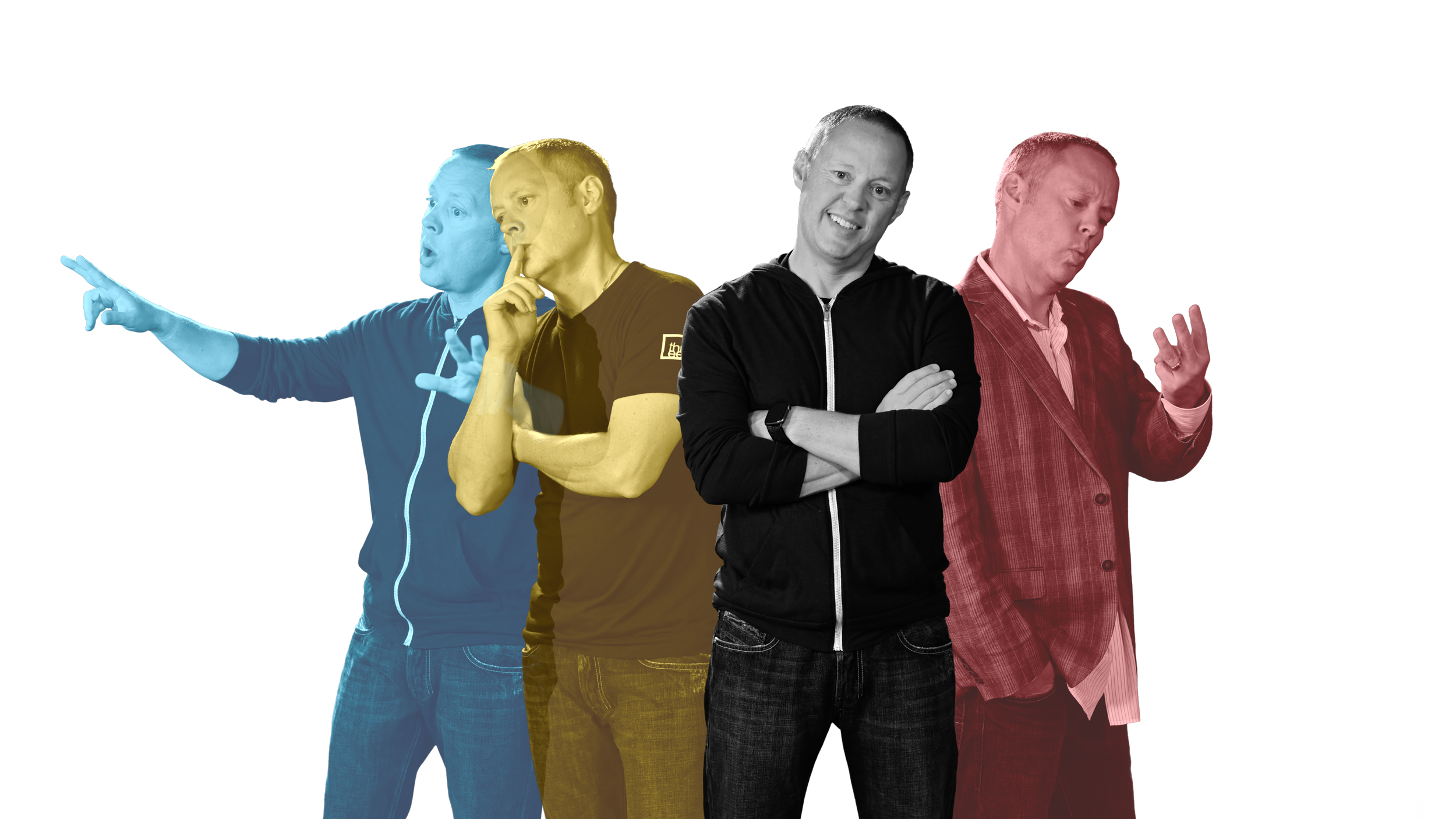 Jon Nodine in front of a black background,  color effect, standing with various thoughtful or expressive poses.