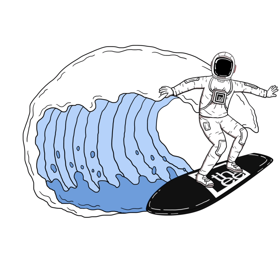 An astronaut surfing on a surfboard near a large wave.