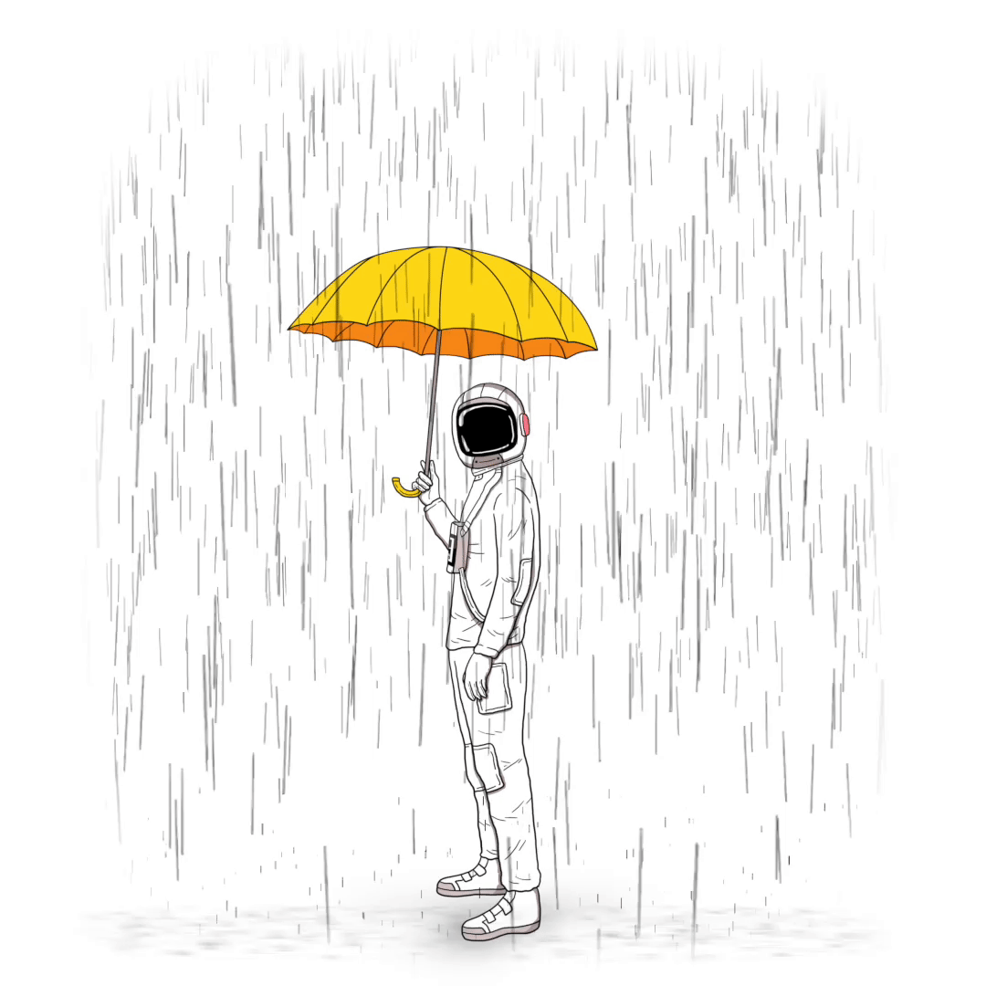 A person in an astronaut suit standing in the rain, holding a yellow umbrella.