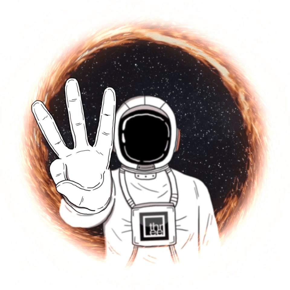 Cartoon astronaut floating in space with hand raised in a peace sign, background shows a glow around a black hole or space vortex with stars.