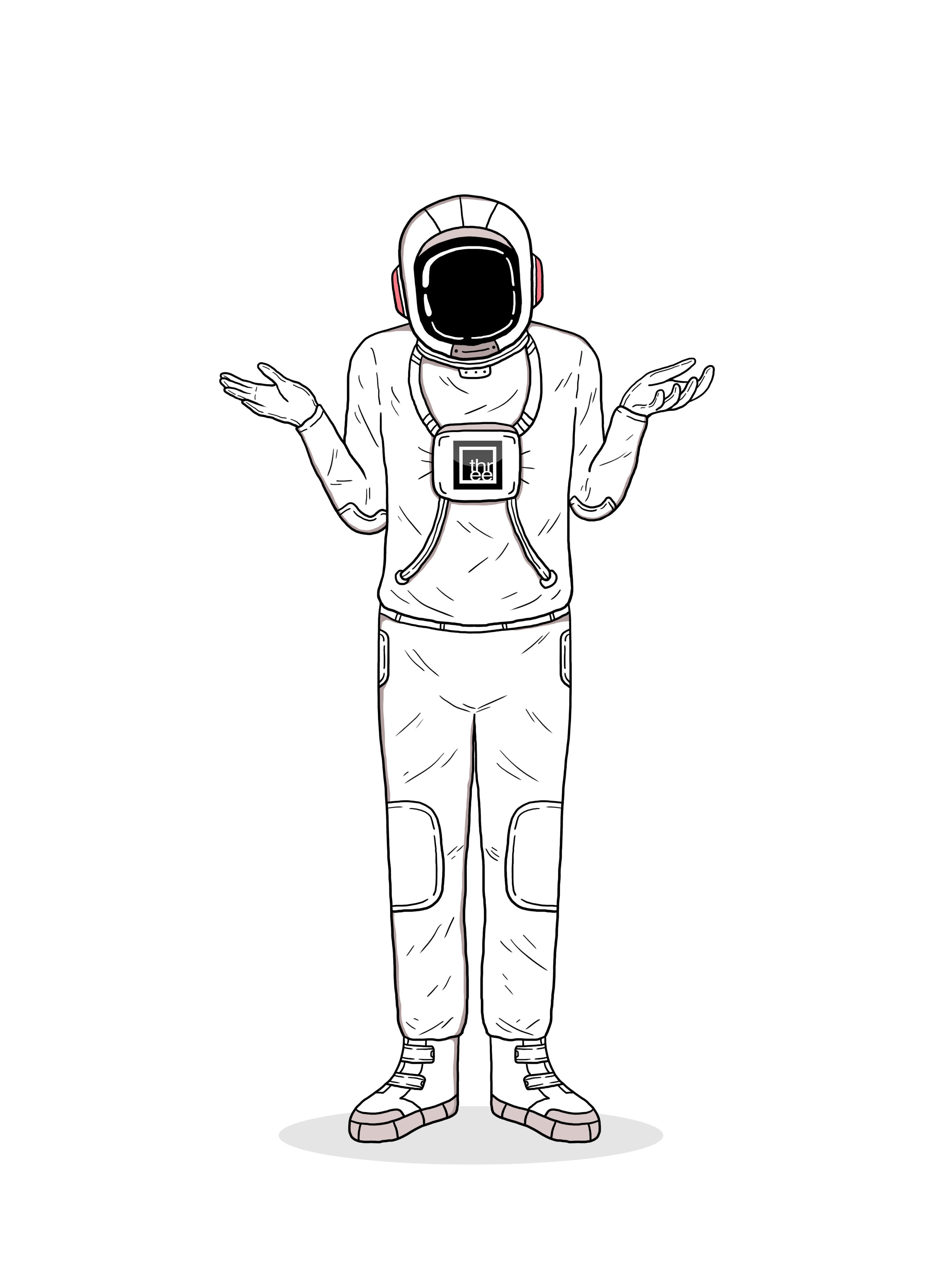 Line drawing of a person in a space suit with a helmet, gloves, and boots, standing with arms out to the sides against a black background.