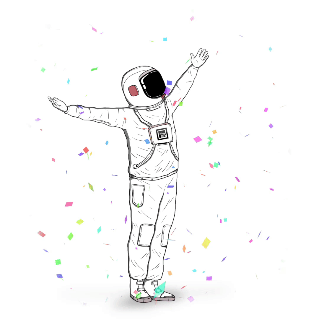 Drawing of a person in an astronaut suit with arms raised, surrounded by colorful confetti on a white background.