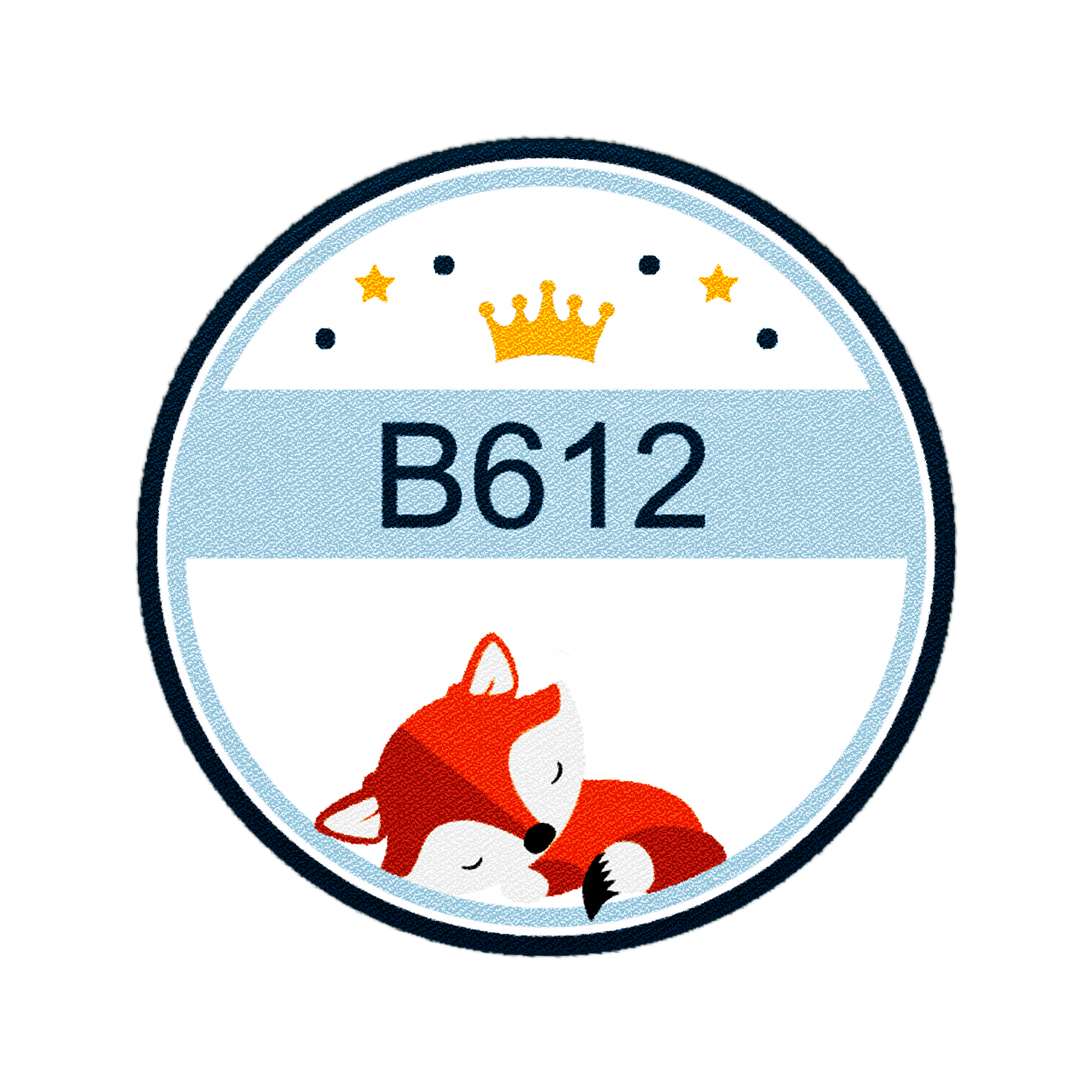 A circular badge with a sleeping fox illustration, the text 'B612', gold crown, stars, and dots on a white and light blue background.