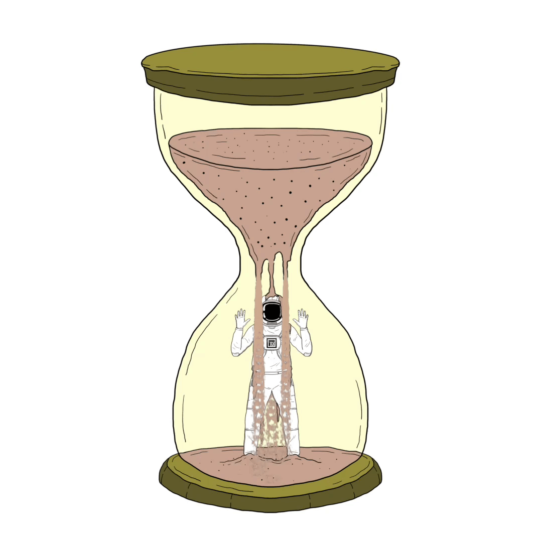 An astronaut in a spacesuit inside an hourglass, with sand flowing over and around them.