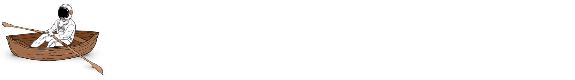 An astronaut in a spacesuit sitting in a small wooden rowboat, holding a wooden oar.