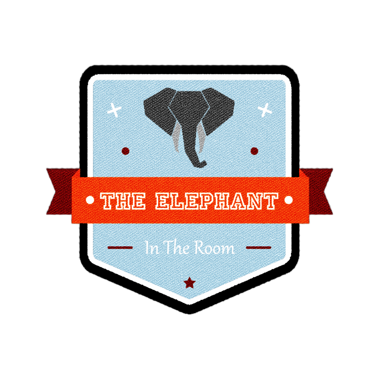 A badge with an elephant image at the top, a red ribbon across the middle with the text "The Elephant," and additional text "In The Room" below the ribbon.