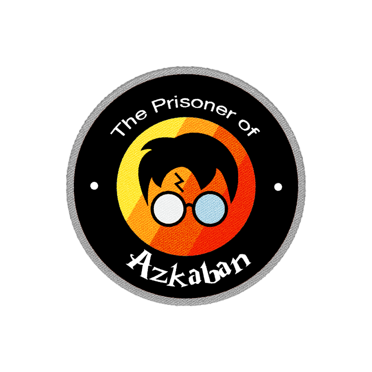 A circular patch with the text "The Prisoner of Azkaban" around the top, and an illustration of a stylized Harry Potter with black hair, round glasses, and a lightning bolt scar on his forehead. The background features yellow, orange, and red colors.