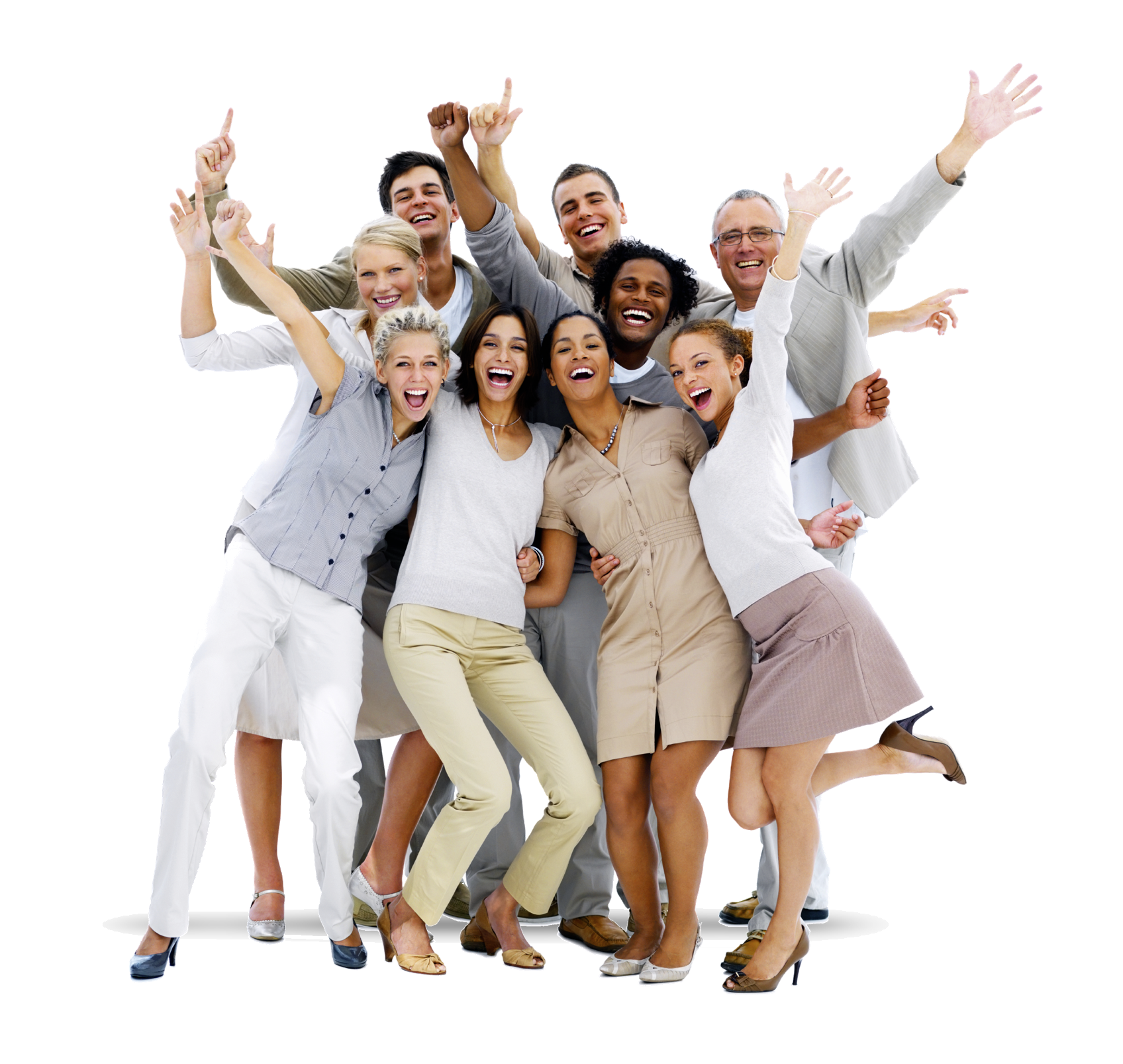 A diverse group of people celebrating and smiling together, with some raising their arms and others hugging.