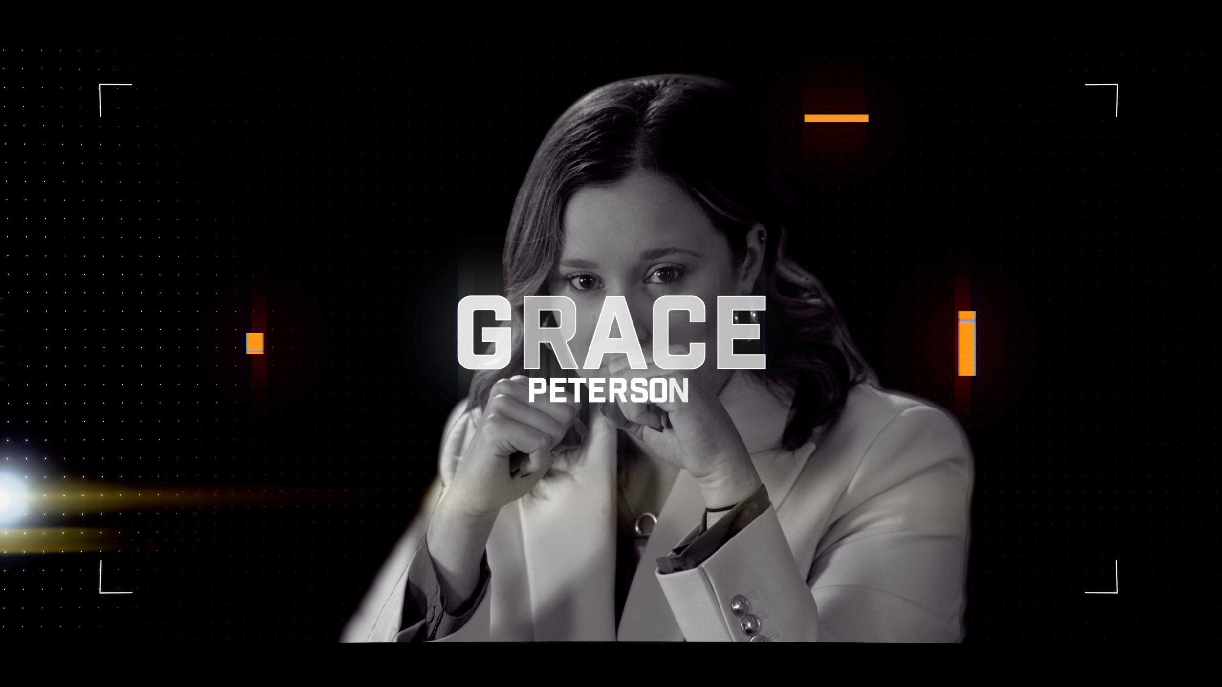 Black-and-white photo of a woman with dark hair, wearing a light-colored blazer, with her hands clasped near her face. The text 'GRACE PETERSON' overlays the image.