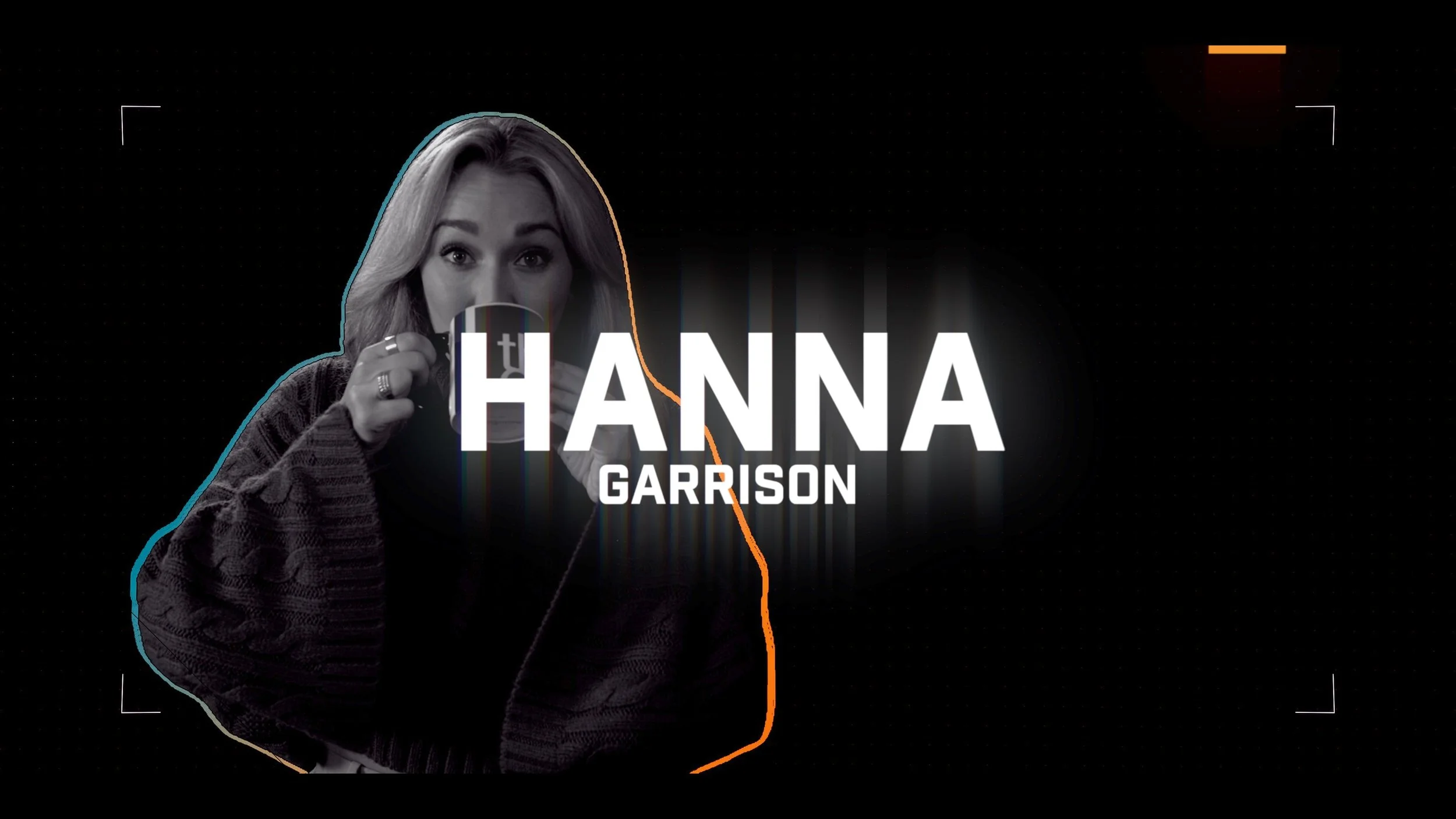 Black and white photo of a woman with blonde hair drinking from a mug, with the name 'Hanna Garrison' displayed prominently on the image.