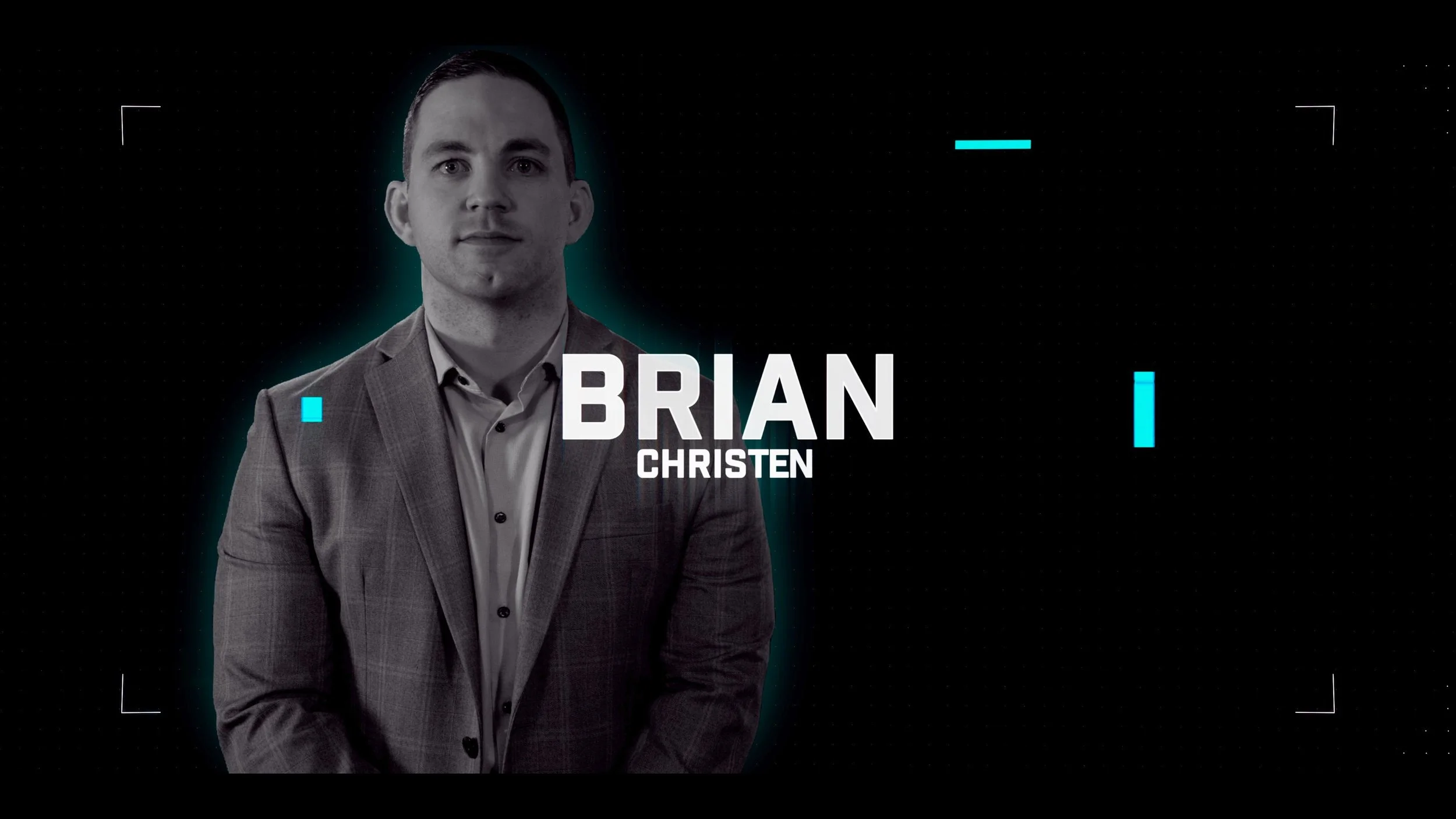 Professional portrait of a man in a suit with the name Brian Christen displayed next to him against a black background with digital graphic elements.