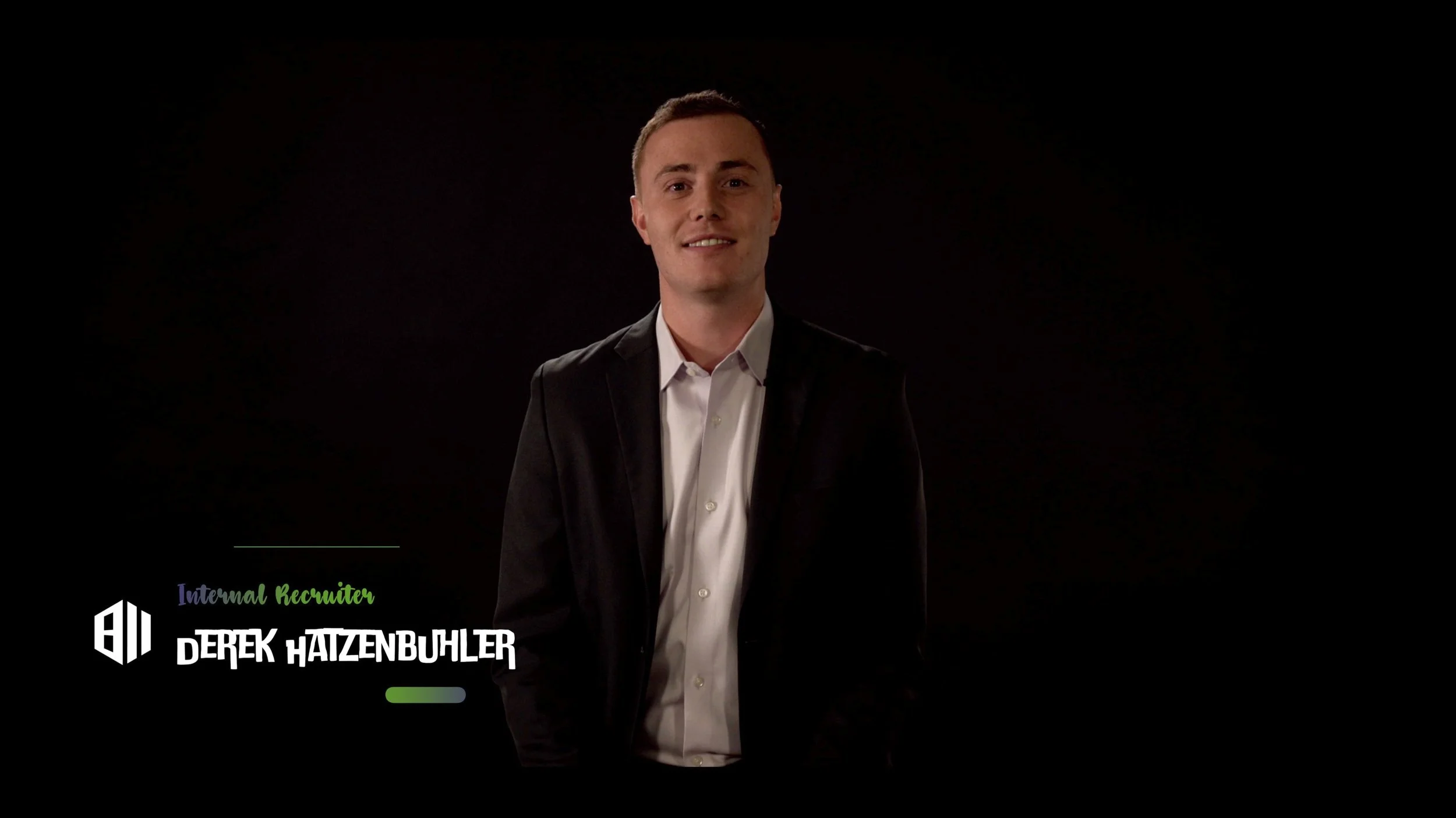 Portrait of a young man in a suit, smiling against a dark background, with text stating 'Internal Recruiter Derek Haizenbuhler' and a small green and white graphic.