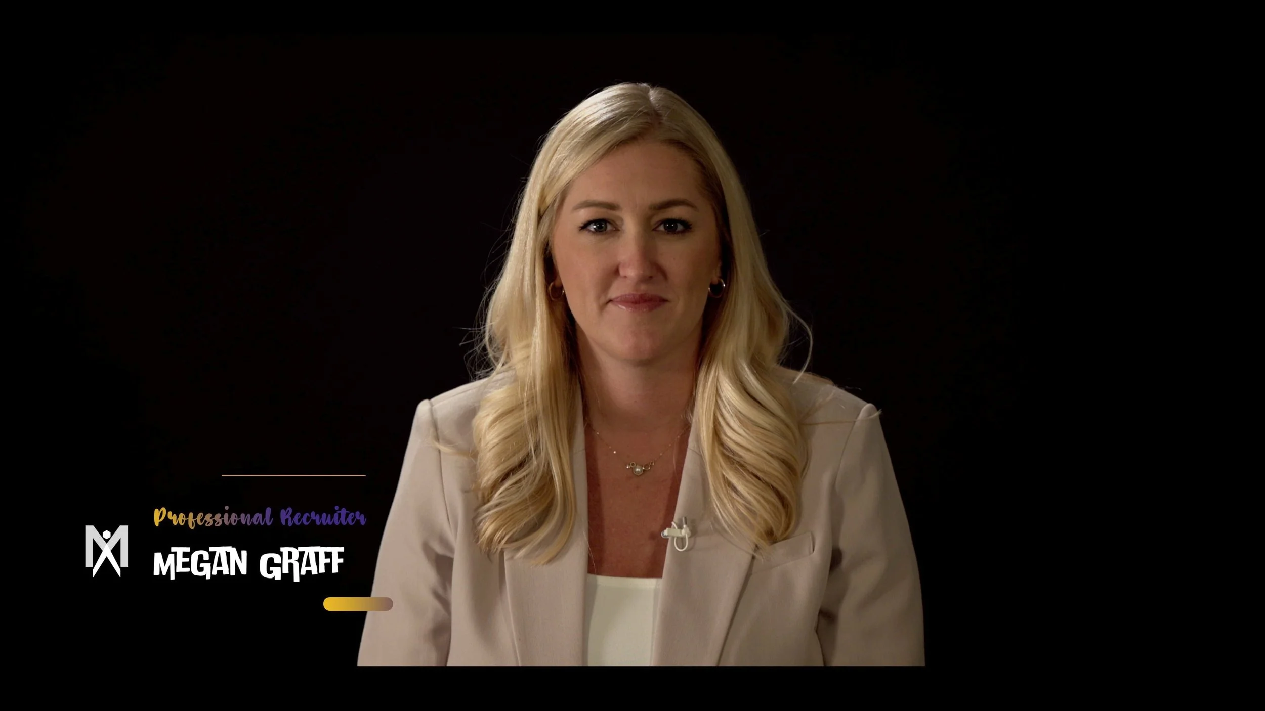 A woman with long blonde hair, wearing a beige blazer and white top, sitting against a black background. Text overlays: 'Professional Recruiter' and 'Megan Graff'.