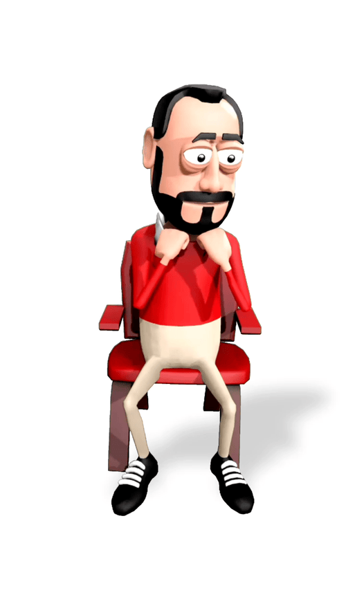 Animated cartoon man with black hair, beard, and glasses, sitting on a red theater seat with his knees apart, wearing a red sweater, beige pants, and black sneakers, with his elbows resting on the armrests.